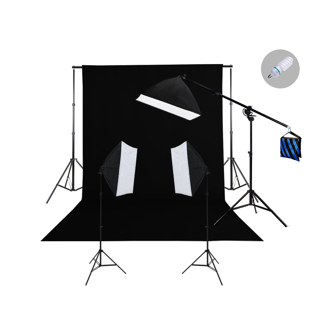 3 Head Continuous Softbox Studio Light Kit with Boom Arm