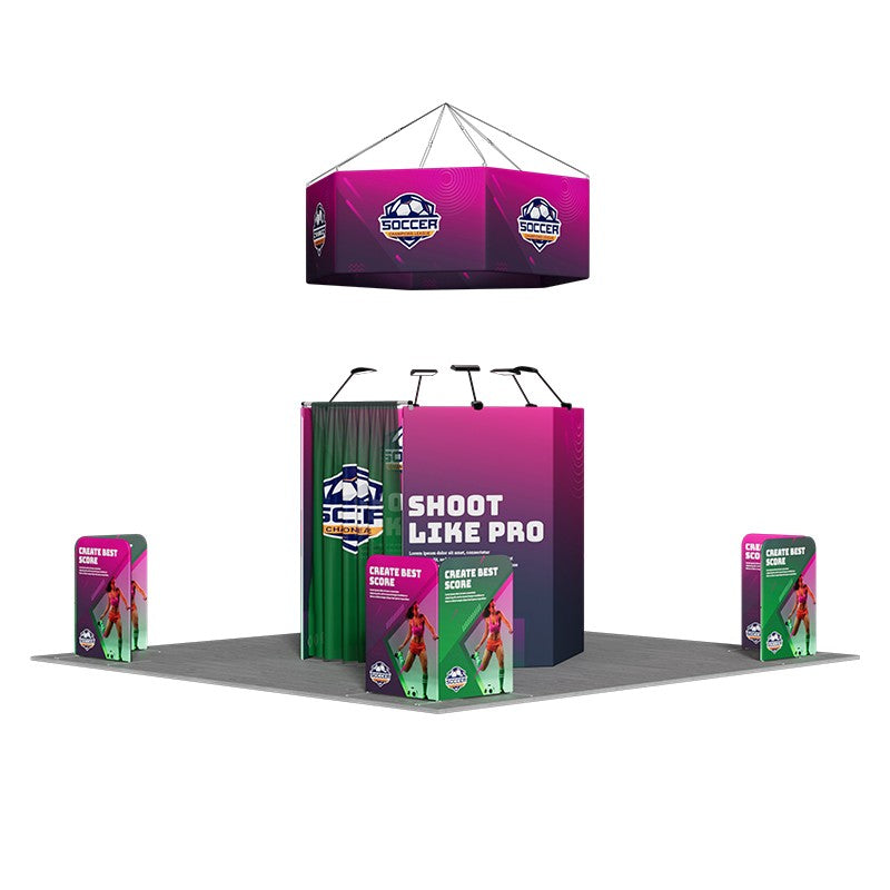 6x6m Island Booth with Hexagon Lounge Enclosure & Hanging Sign