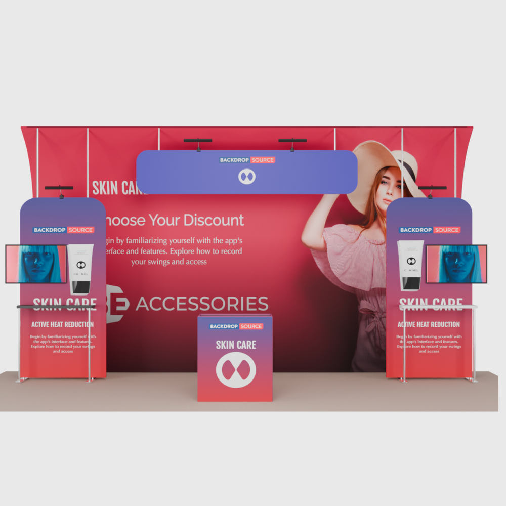 6x3m Booth Kit with Curved Towers, Shelving & Hanging Sign