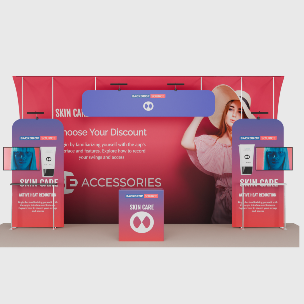 6x3m Booth Kit with Curved Towers, Shelving & Hanging Sign