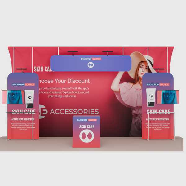 6x3m Booth Kit with Curved Towers, Shelving & Hanging Sign