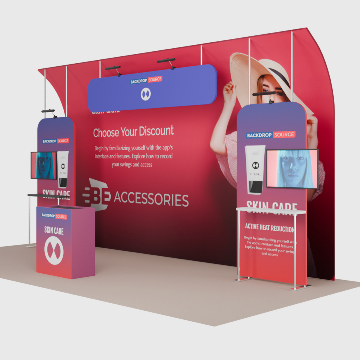 6x3m Booth Kit with Curved Towers, Shelving & Hanging Sign