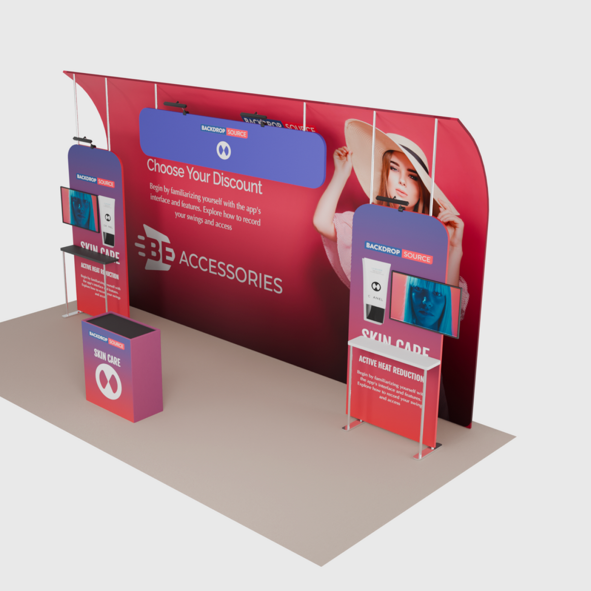 6x3m Booth Kit with Curved Towers, Shelving & Hanging Sign