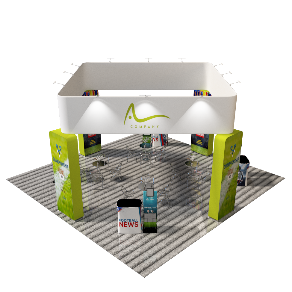 6x6m Island Booth with 3D Wall Boxes, 4 Counters & iPad Stands