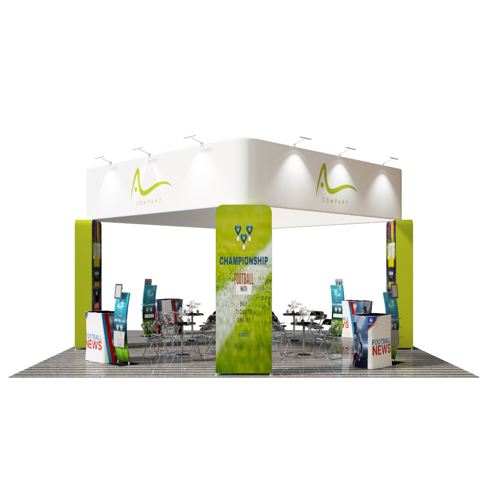 6x6m Island Booth with 3D Wall Boxes, 4 Counters & iPad Stands