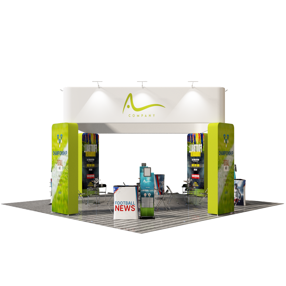 6x6m Island Booth with 3D Wall Boxes, 4 Counters & iPad Stands