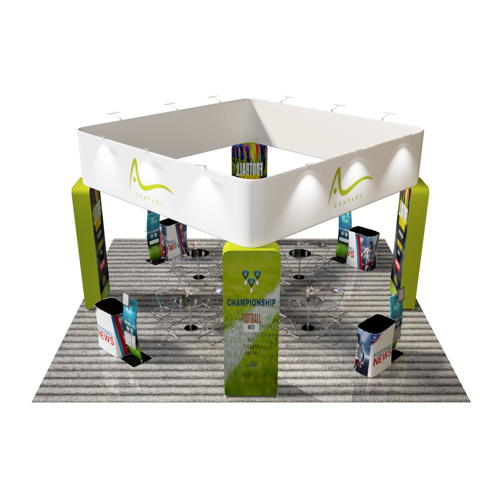 6x6m Island Booth with 3D Wall Boxes, 4 Counters & iPad Stands