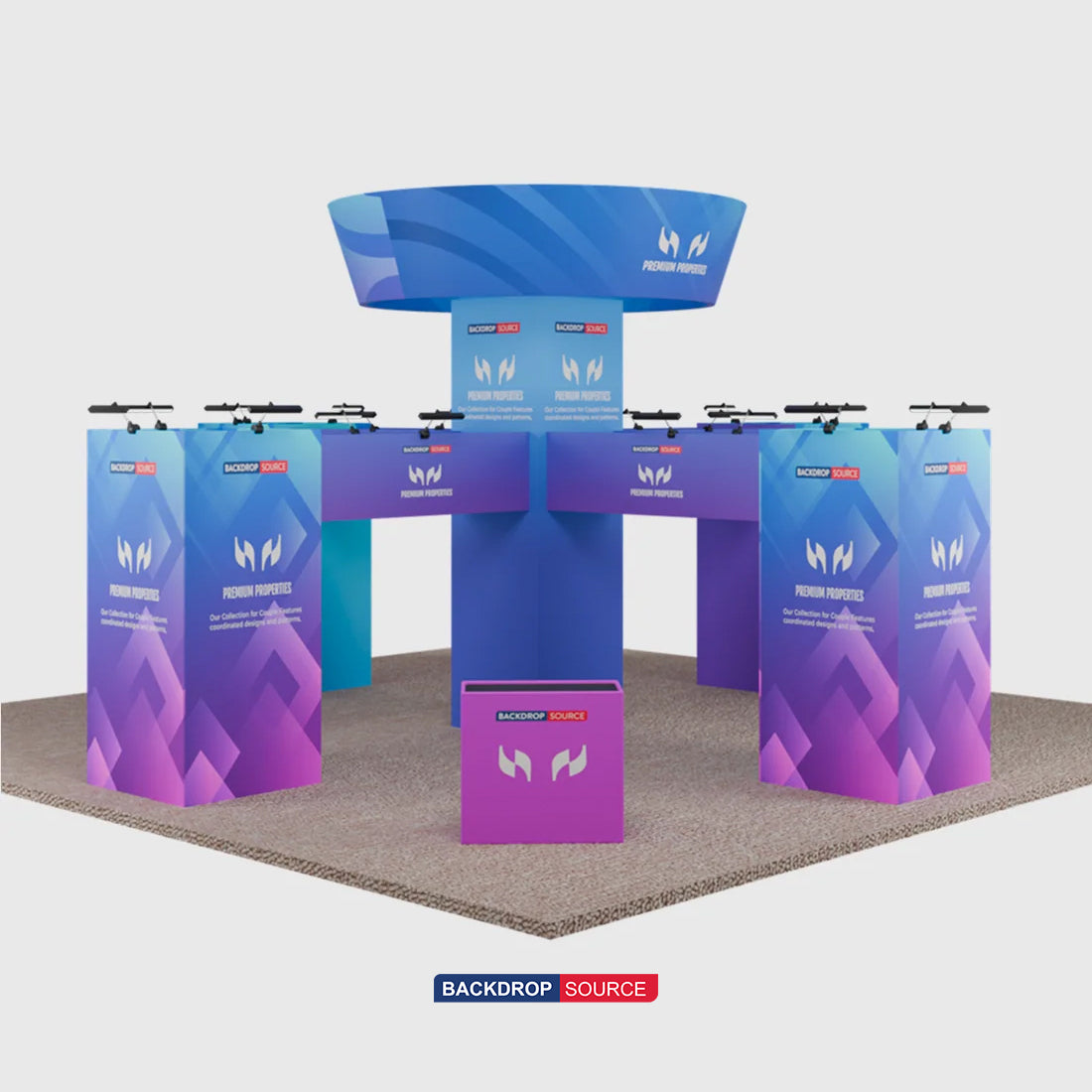 9x9m Cubic Tower Island Booth with Hanging Banner & Counters