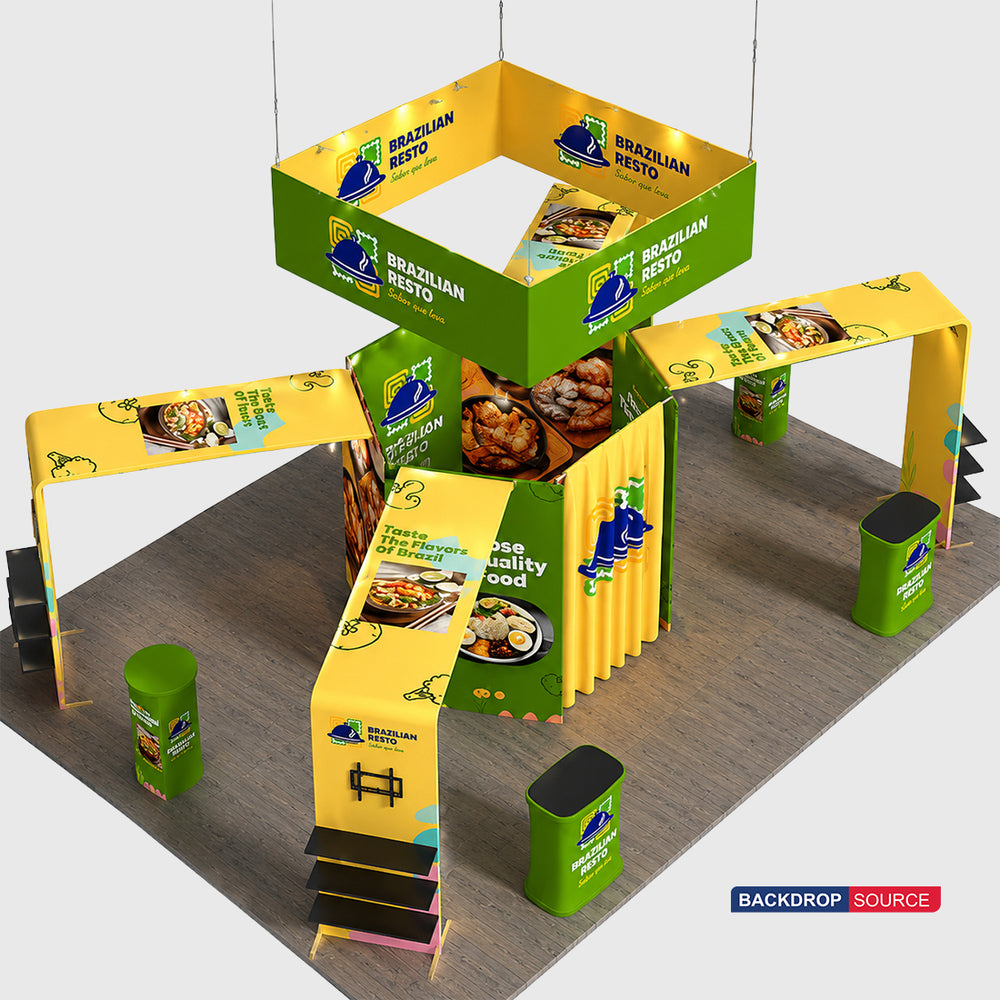 9x6m Island Booth Kit with Hexagon Lounge Shelving & 4 Counters
