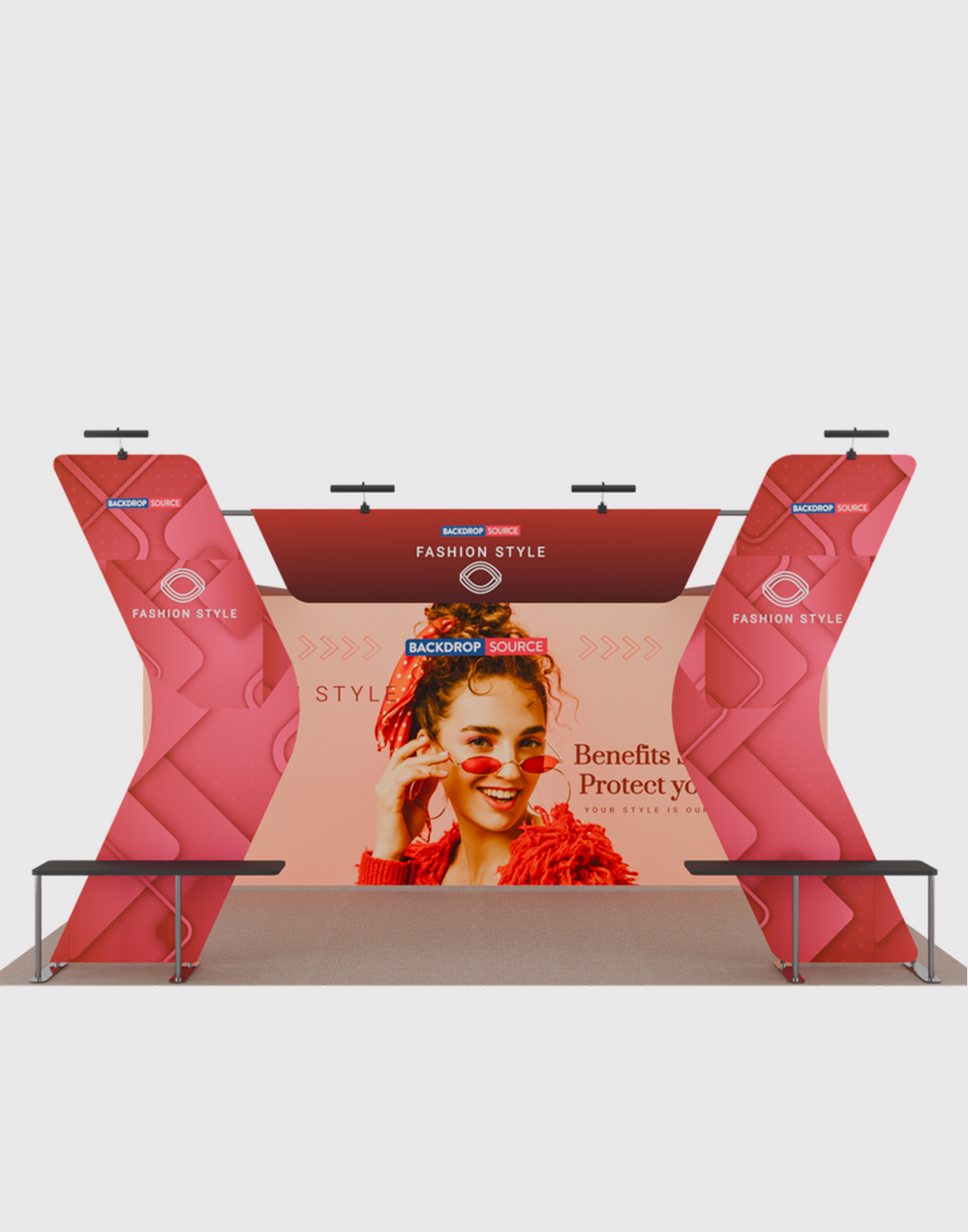 6x3m Booth Kit with 6m Backwall, V-Shape Shelving & Sign