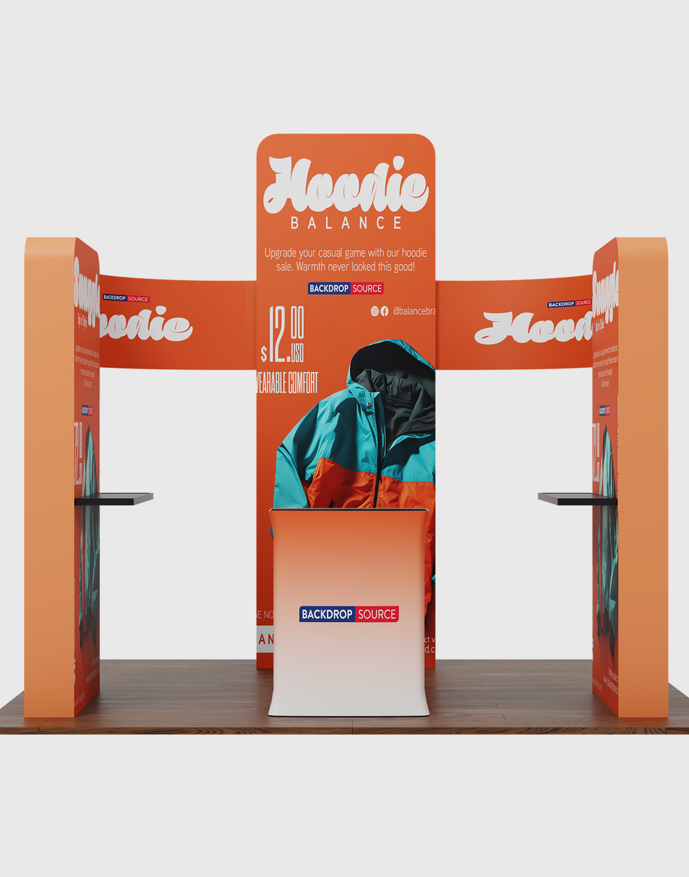 6x6m Booth Kit with 3D Wall Boxes, Curved Panels & Counter