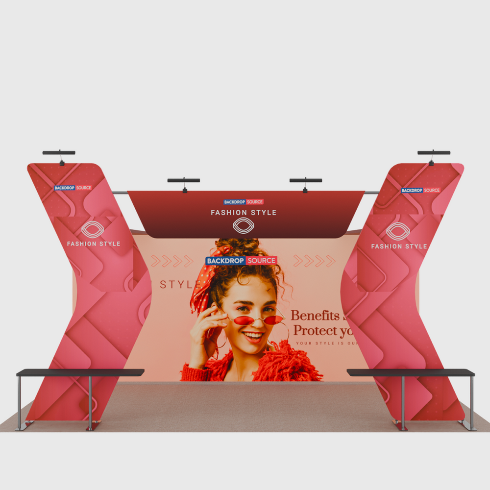 6x3m Booth Kit with 6m Backwall, V-Shape Shelving & Sign