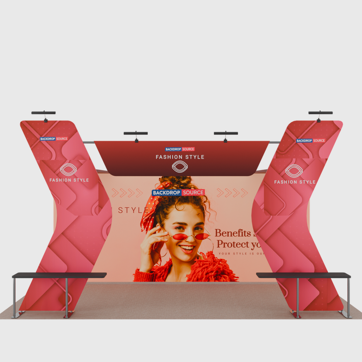 6x3m Booth Kit with 6m Backwall, V-Shape Shelving & Sign