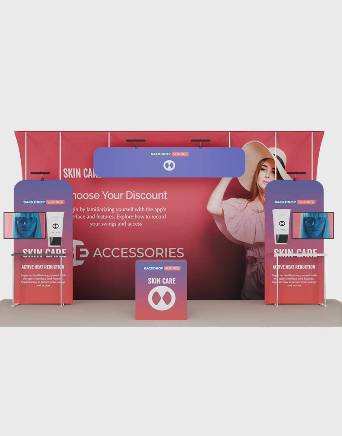 6x3m Booth Kit with Curved Towers, Shelving & Hanging Sign