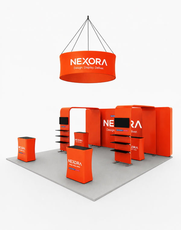 6x6m Booth Kit with 6m 3D Backdrop, TV Shelving & 4 Counters