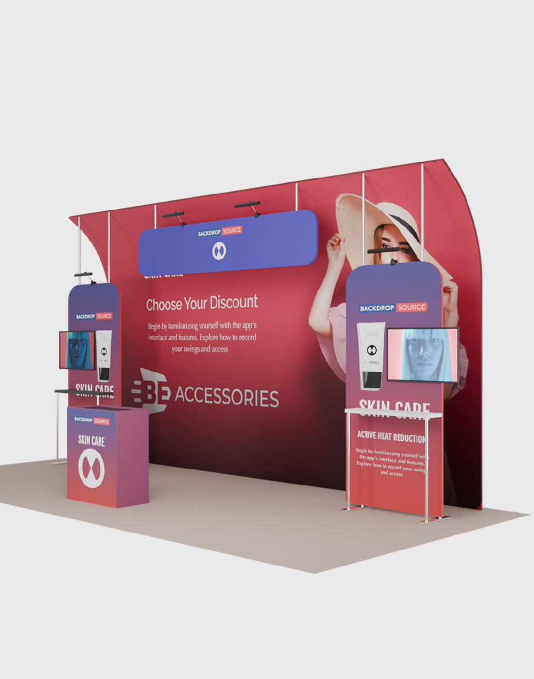6x3m Booth Kit with Curved Towers, Shelving & Hanging Sign