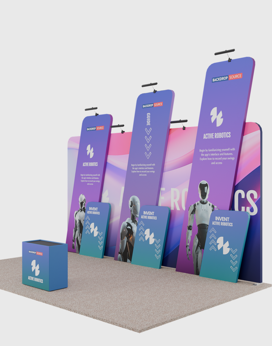 6x3m Booth Kit with 6m Backwall, Slanted Towers & Counter