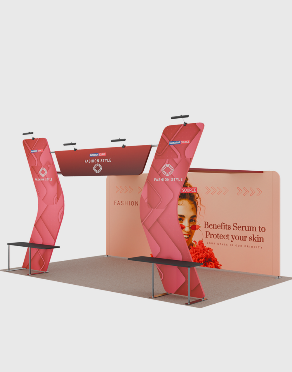 6x3m Booth Kit with 6m Backwall, V-Shape Shelving & Sign