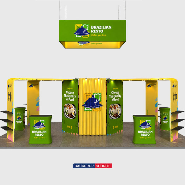 9x6m Island Booth Kit with Hexagon Lounge Shelving & 4 Counters