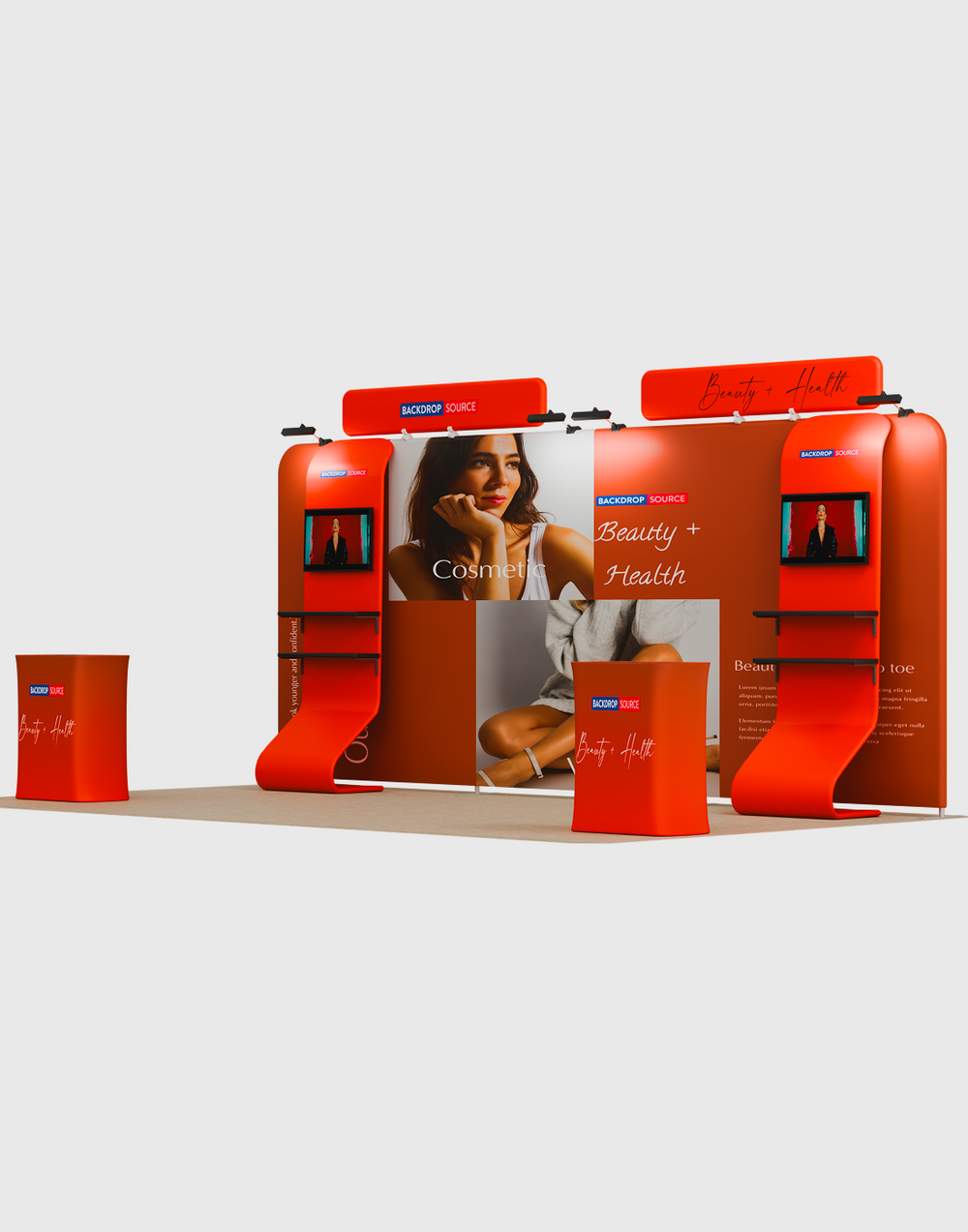 3x6m Booth Kit with 6m Backwall, Waterfall TV Shelves & Counters