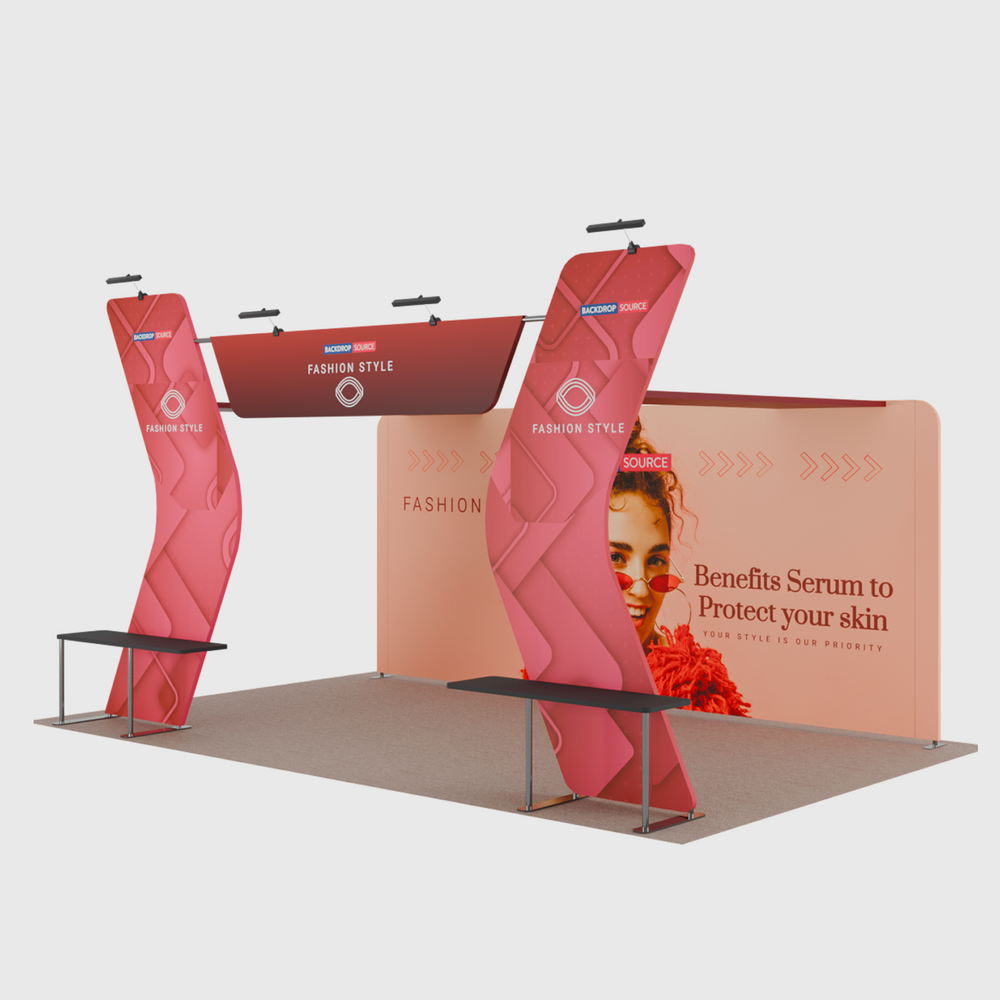 6x3m Booth Kit with 6m Backwall, V-Shape Shelving & Sign