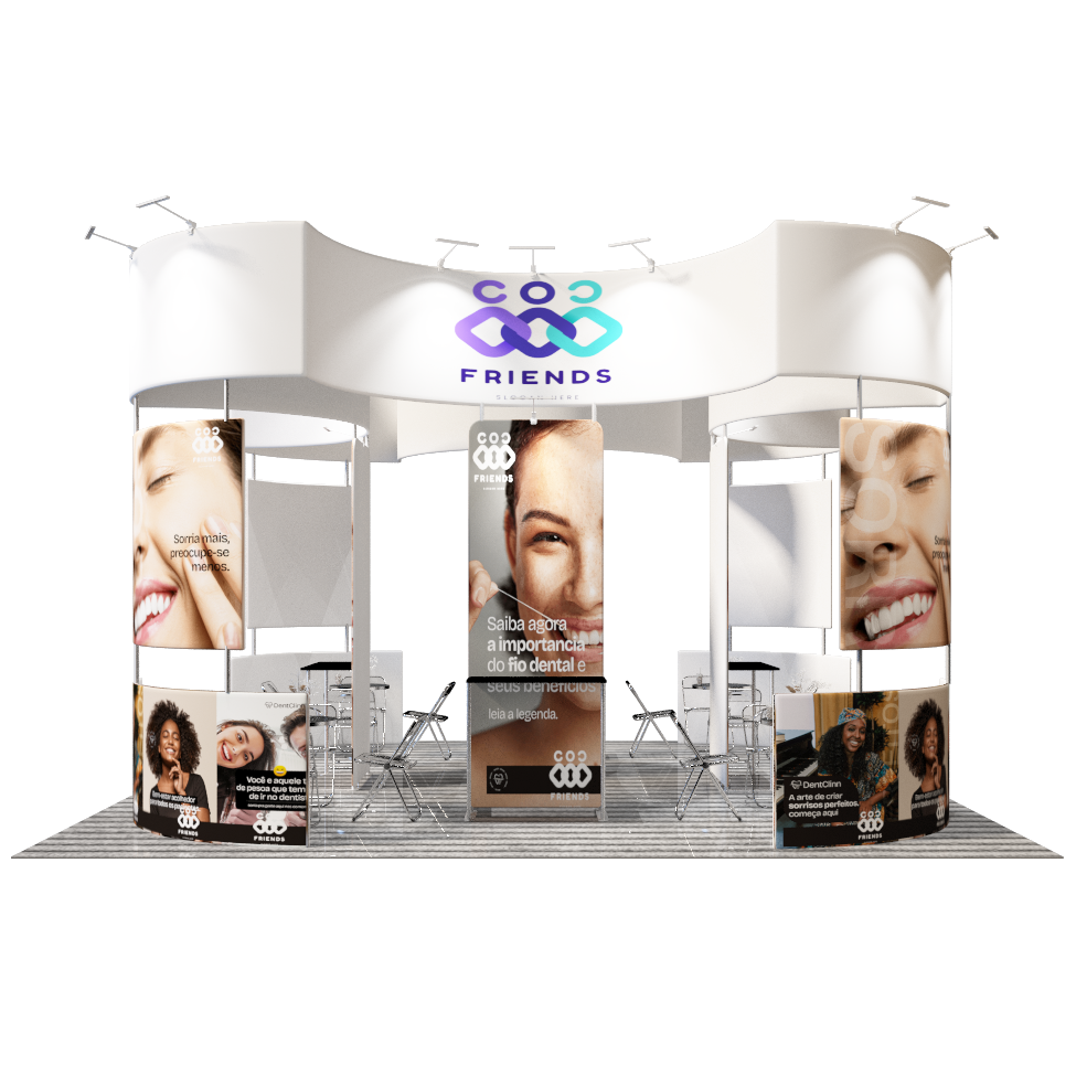 6x6m Island Booth with Curved Wall Panels & Display Shelving