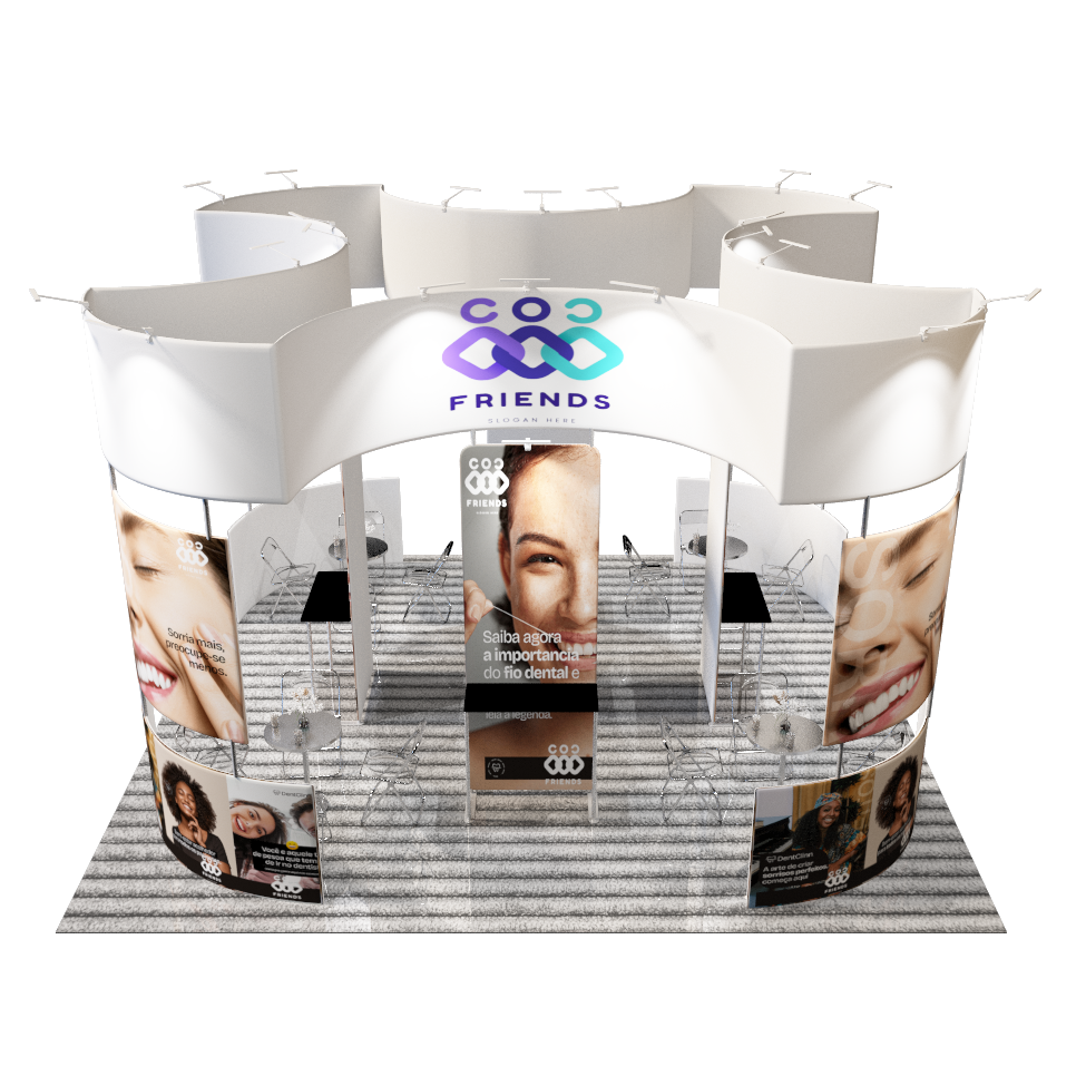 6x6m Island Booth with Curved Wall Panels & Display Shelving