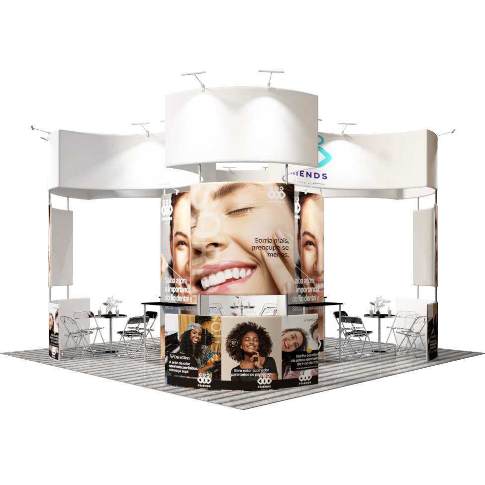 6x6m Island Booth with Curved Wall Panels & Display Shelving