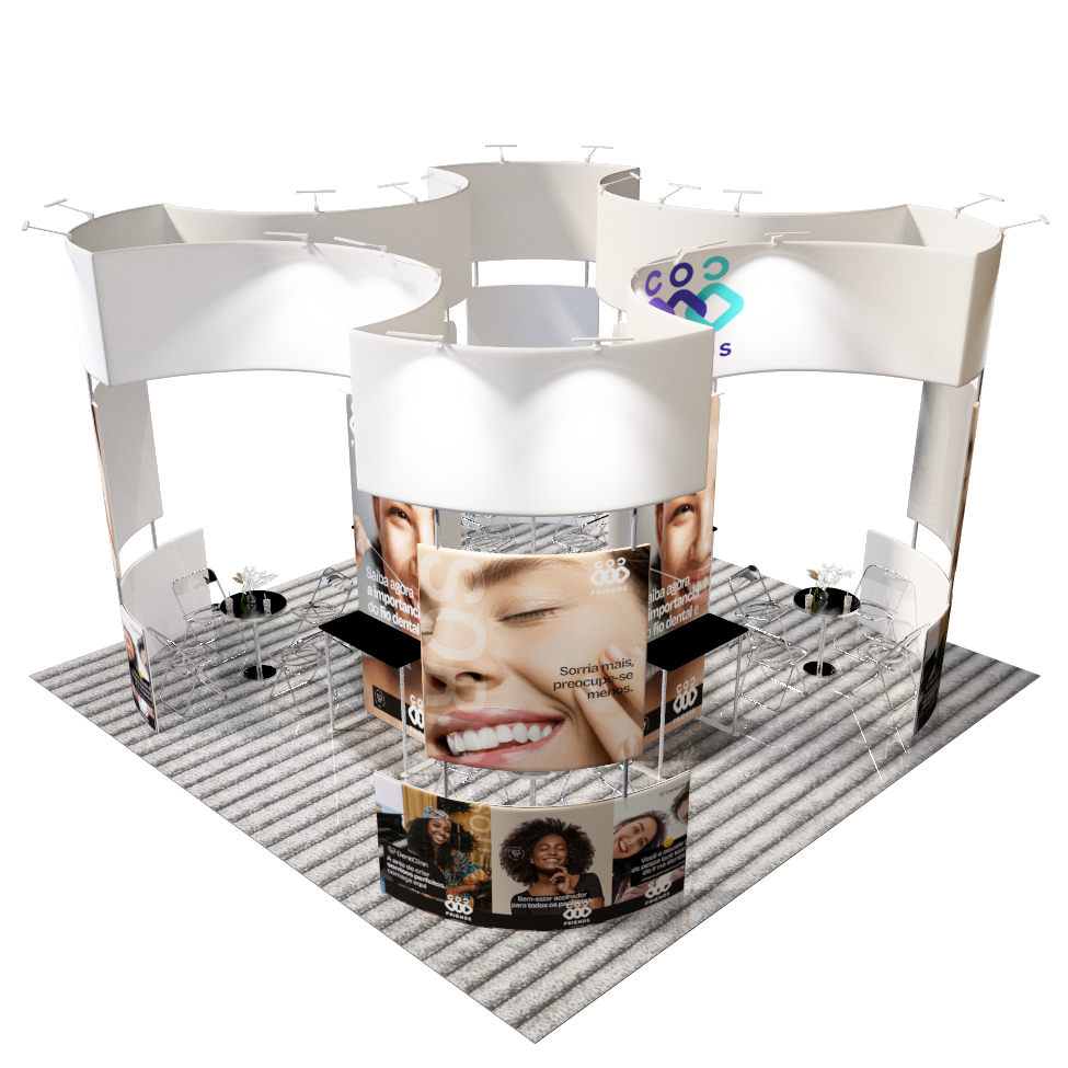 6x6m Island Booth with Curved Wall Panels & Display Shelving
