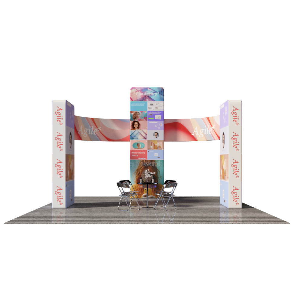 6x6m Booth Kit with 3D Wall Boxes, Curved Panels & Counter