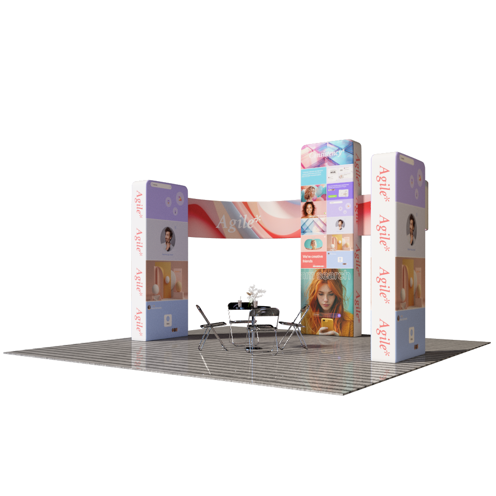 6x6m Booth Kit with 3D Wall Boxes, Curved Panels & Counter