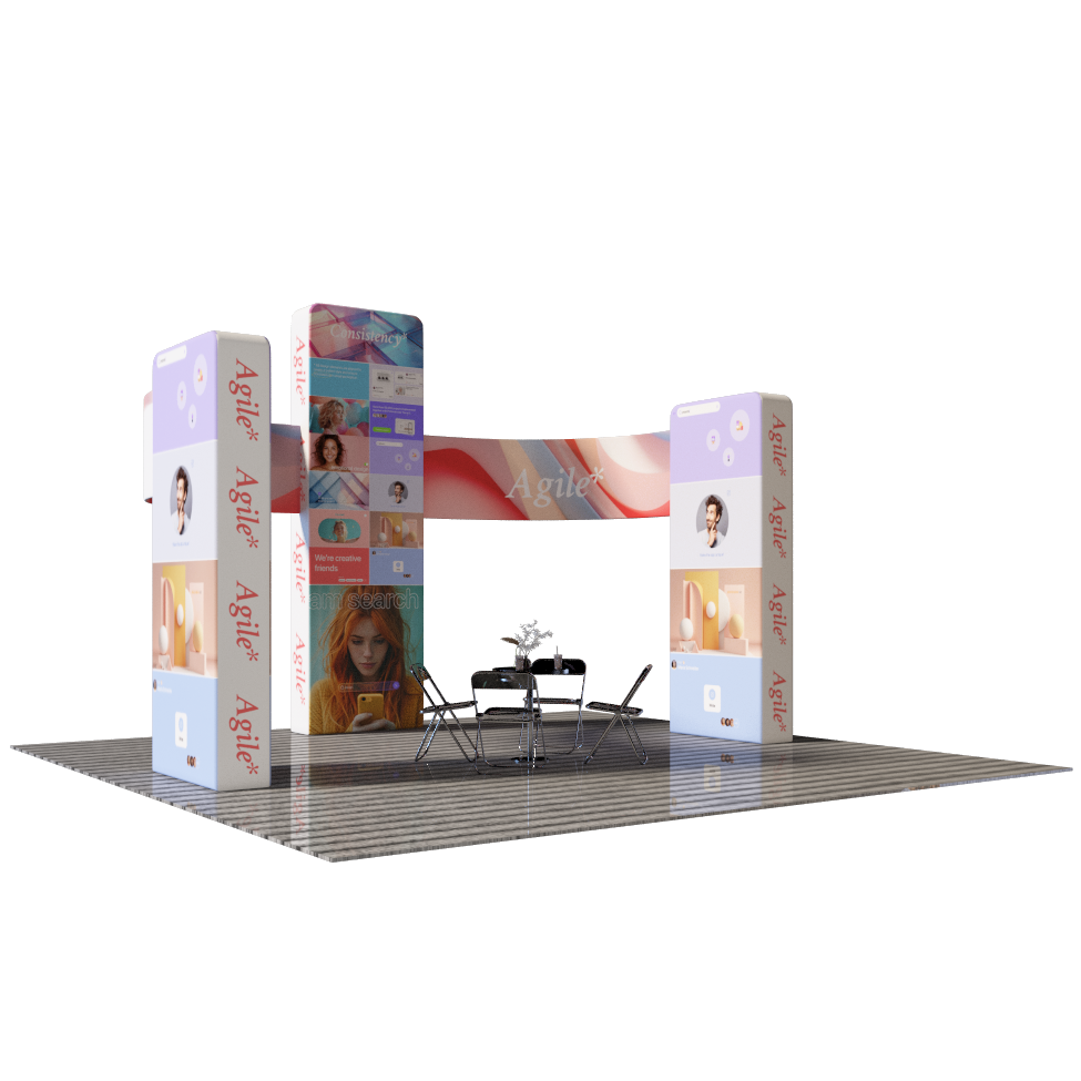 6x6m Booth Kit with 3D Wall Boxes, Curved Panels & Counter