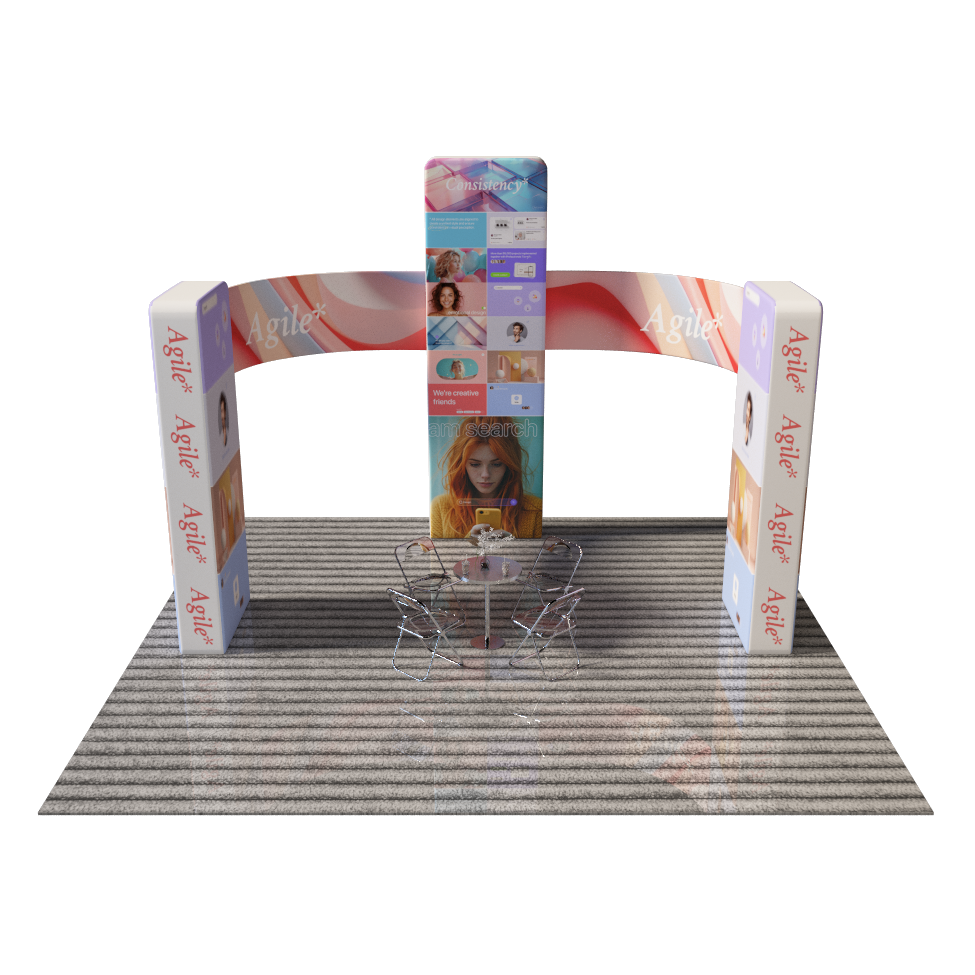 6x6m Booth Kit with 3D Wall Boxes, Curved Panels & Counter