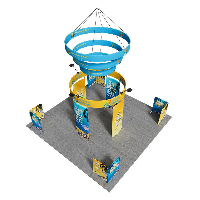 6x6m Island Booth with 360 Photo Booth & Tiered Hanging Sign