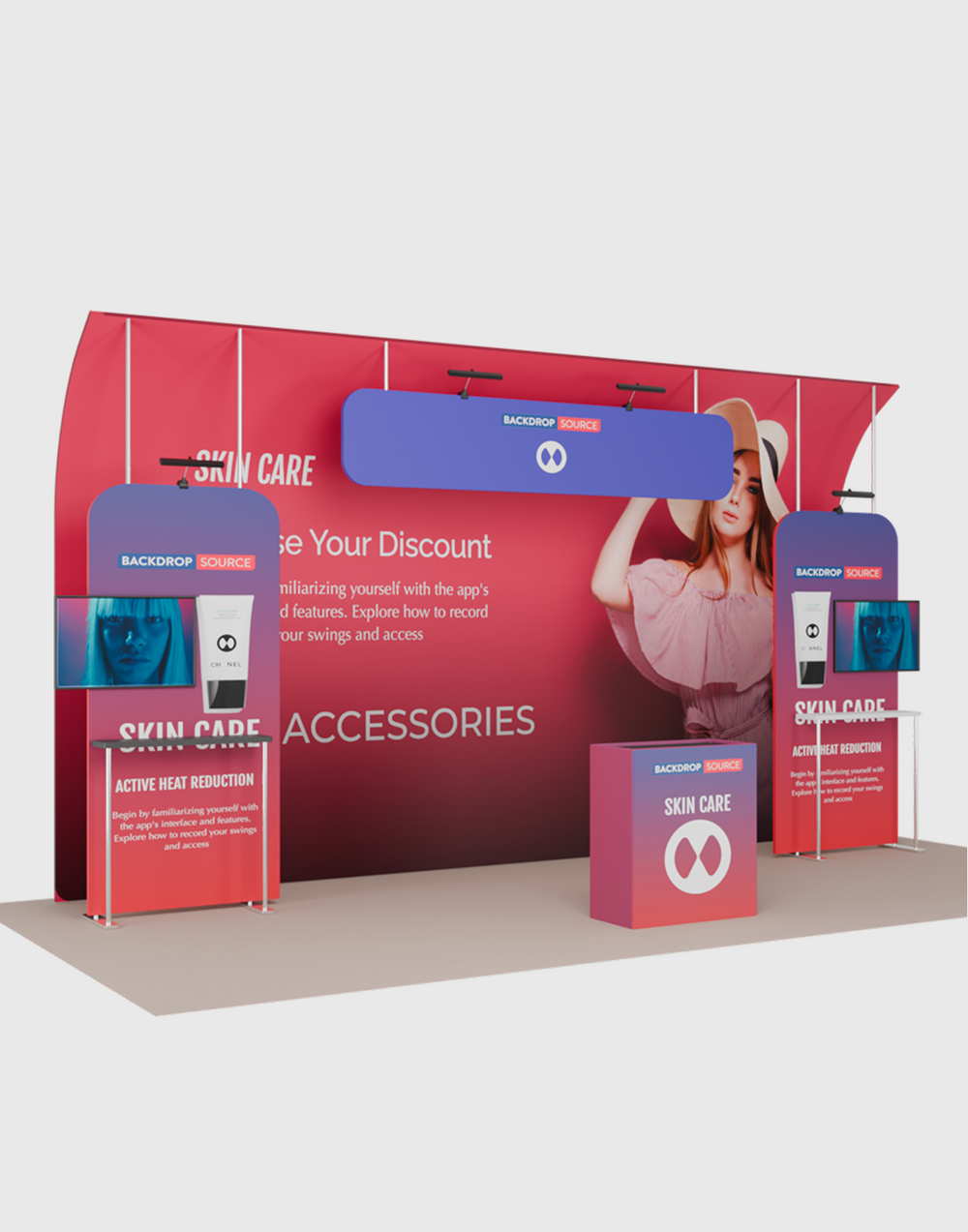 6x3m Booth Kit with Curved Towers, Shelving & Hanging Sign