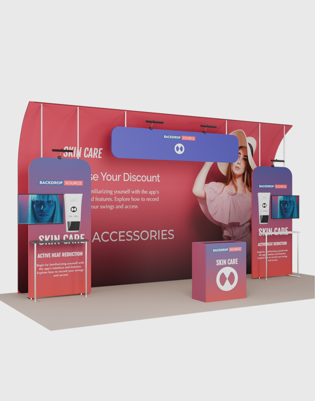 6x3m Booth Kit with Curved Towers, Shelving & Hanging Sign