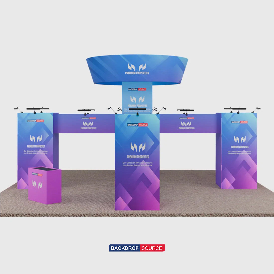 9x9m Cubic Tower Island Booth with Hanging Banner & Counters