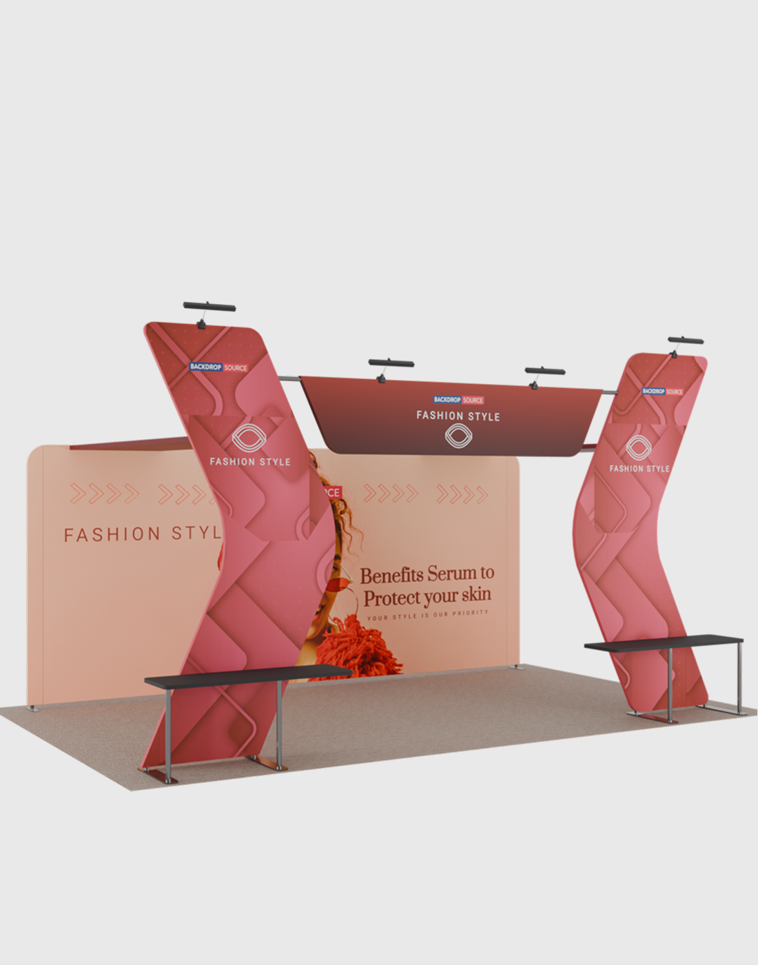 6x3m Booth Kit with 6m Backwall, V-Shape Shelving & Sign