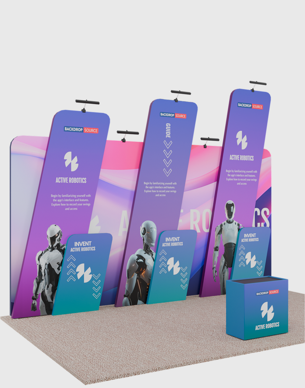 6x3m Booth Kit with 6m Backwall, Slanted Towers & Counter