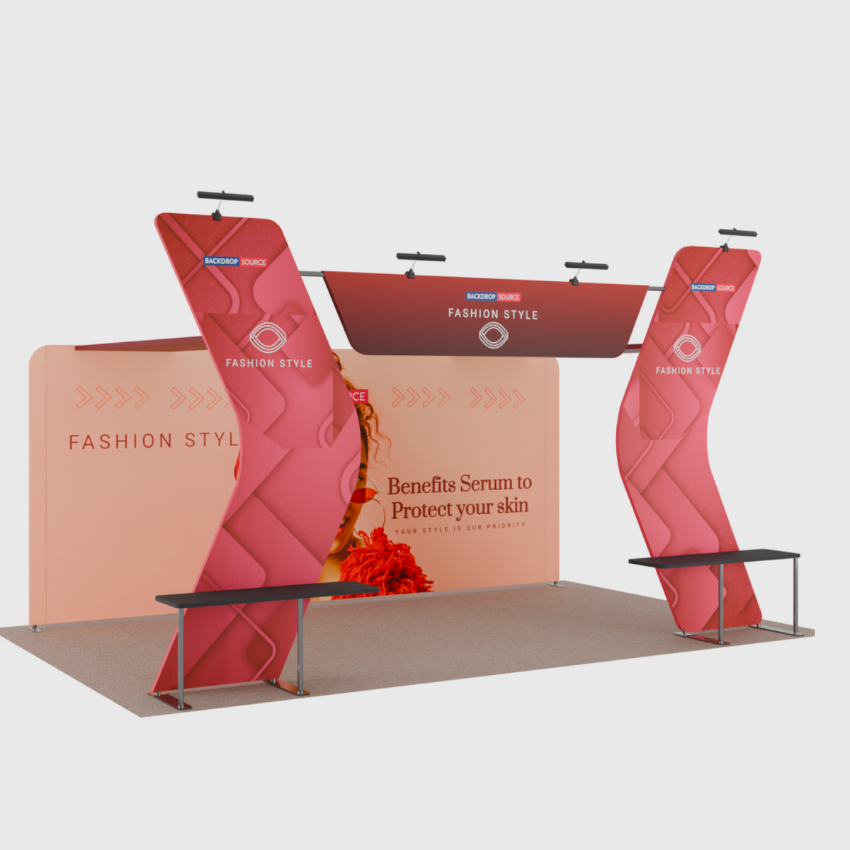 6x3m Booth Kit with 6m Backwall, V-Shape Shelving & Sign