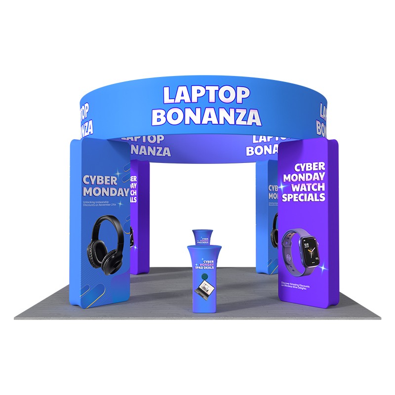 6x6m Island Booth with 3D Media Walls & 3 Counters