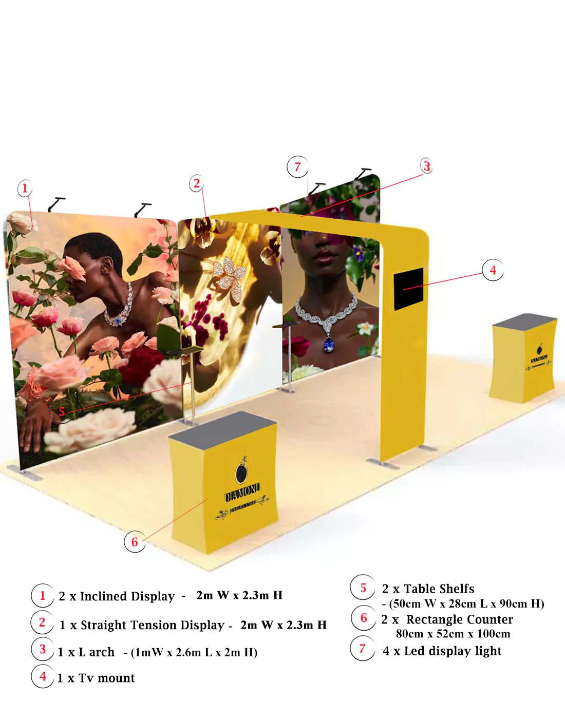 6x3m Booth Kit with Inclined Walls, L-Arch TV Mount & 2 Counters