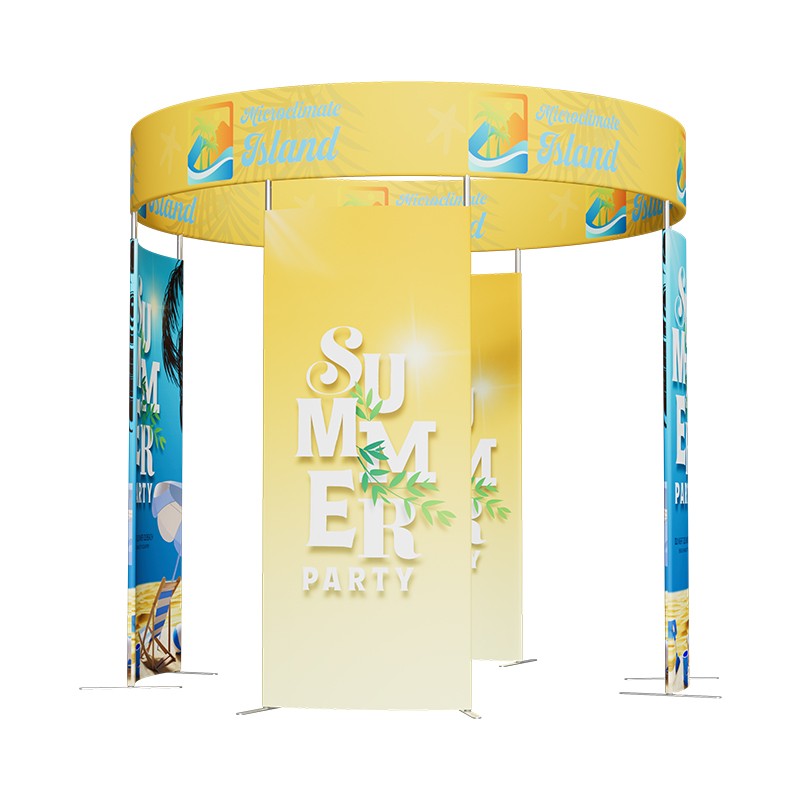 6x6m Island Booth with 360 Photo Booth & Tiered Hanging Sign