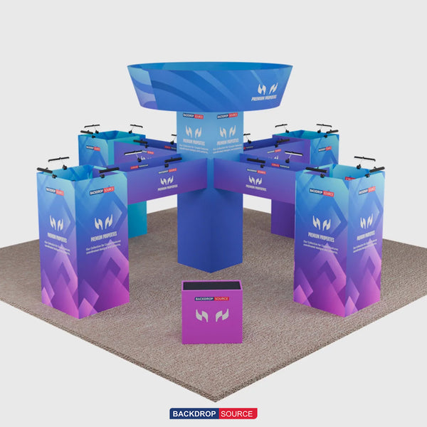 9x9m Cubic Tower Island Booth with Hanging Banner & Counters