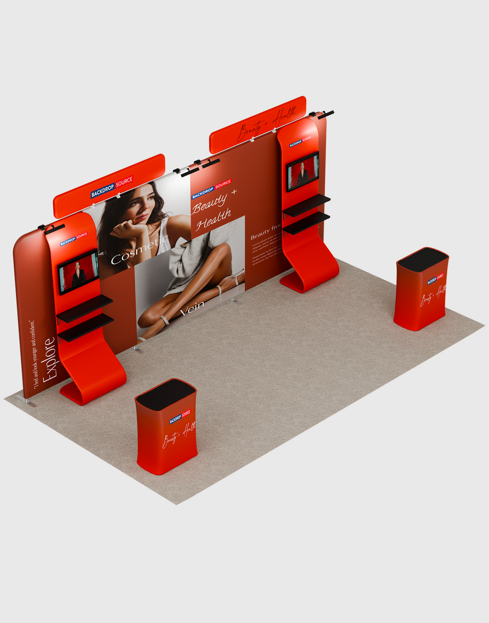 3x6m Booth Kit with 6m Backwall, Waterfall TV Shelves & Counters