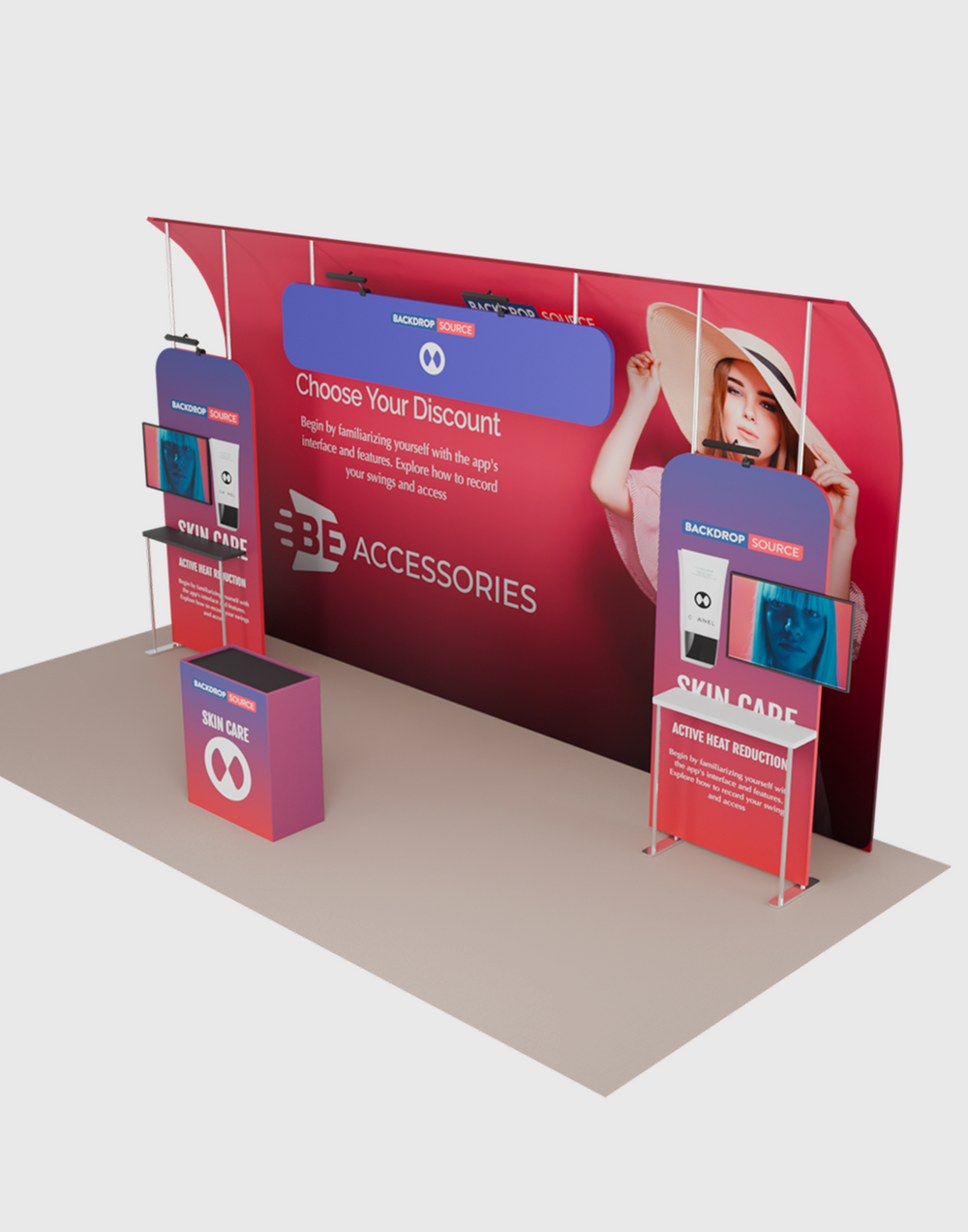 6x3m Booth Kit with Curved Towers, Shelving & Hanging Sign