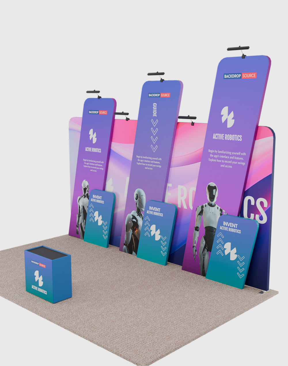6x3m Booth Kit with 6m Backwall, Slanted Towers & Counter