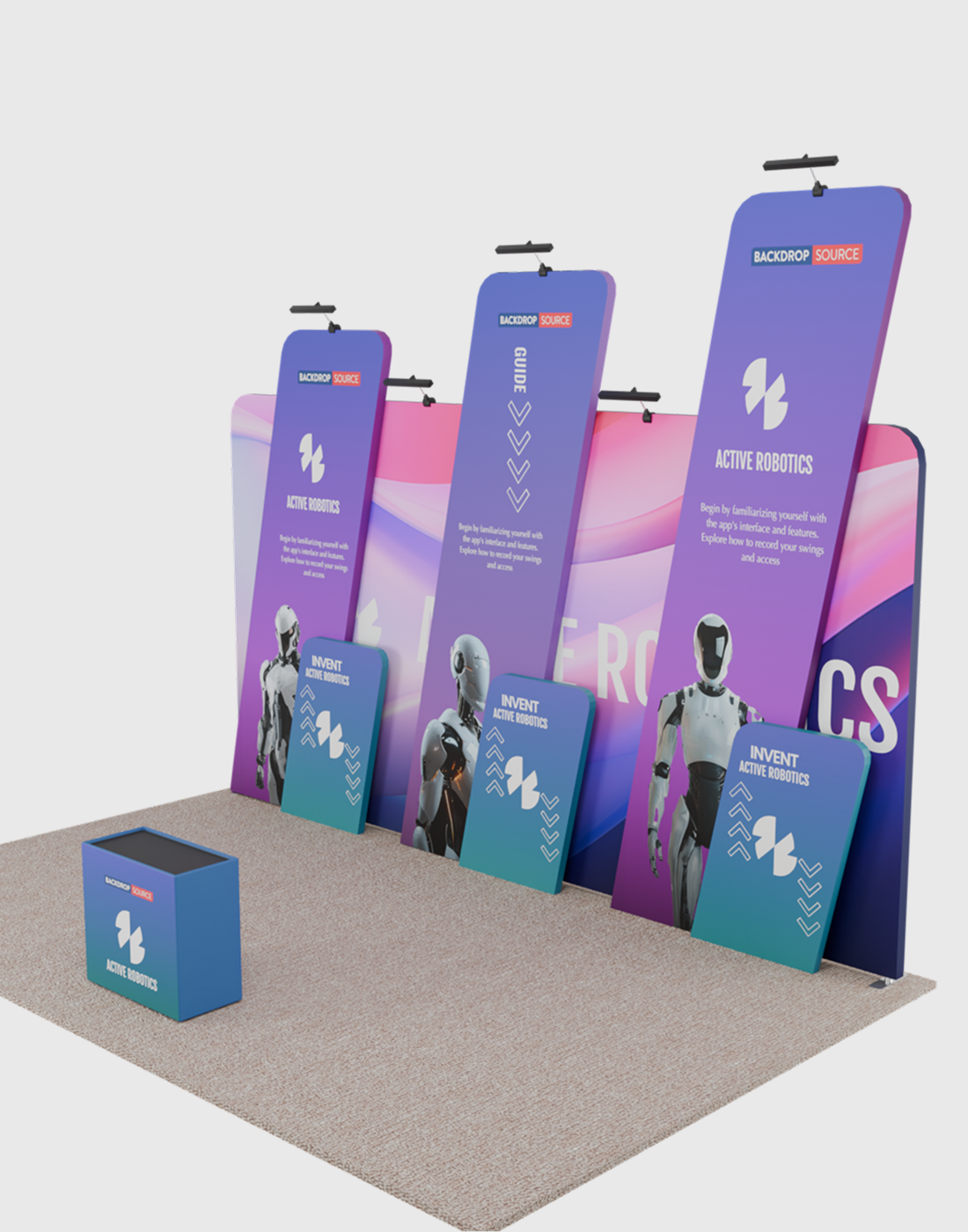 6x3m Booth Kit with 6m Backwall, Slanted Towers & Counter