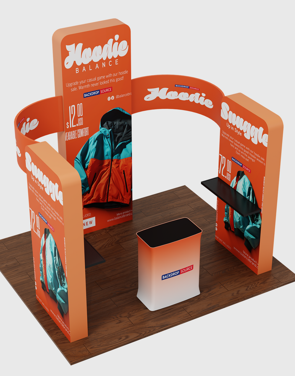 6x6m Booth Kit with 3D Wall Boxes, Curved Panels & Counter