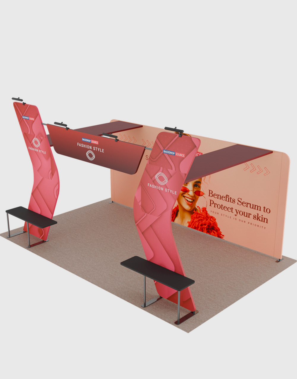 6x3m Booth Kit with 6m Backwall, V-Shape Shelving & Sign